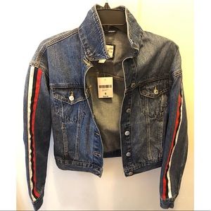 NWT denim jean jacket w/ red, navy, & white stripe